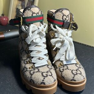 Covered Wool Big GG Monogram Womens Lace Up Combat Ankle Boots